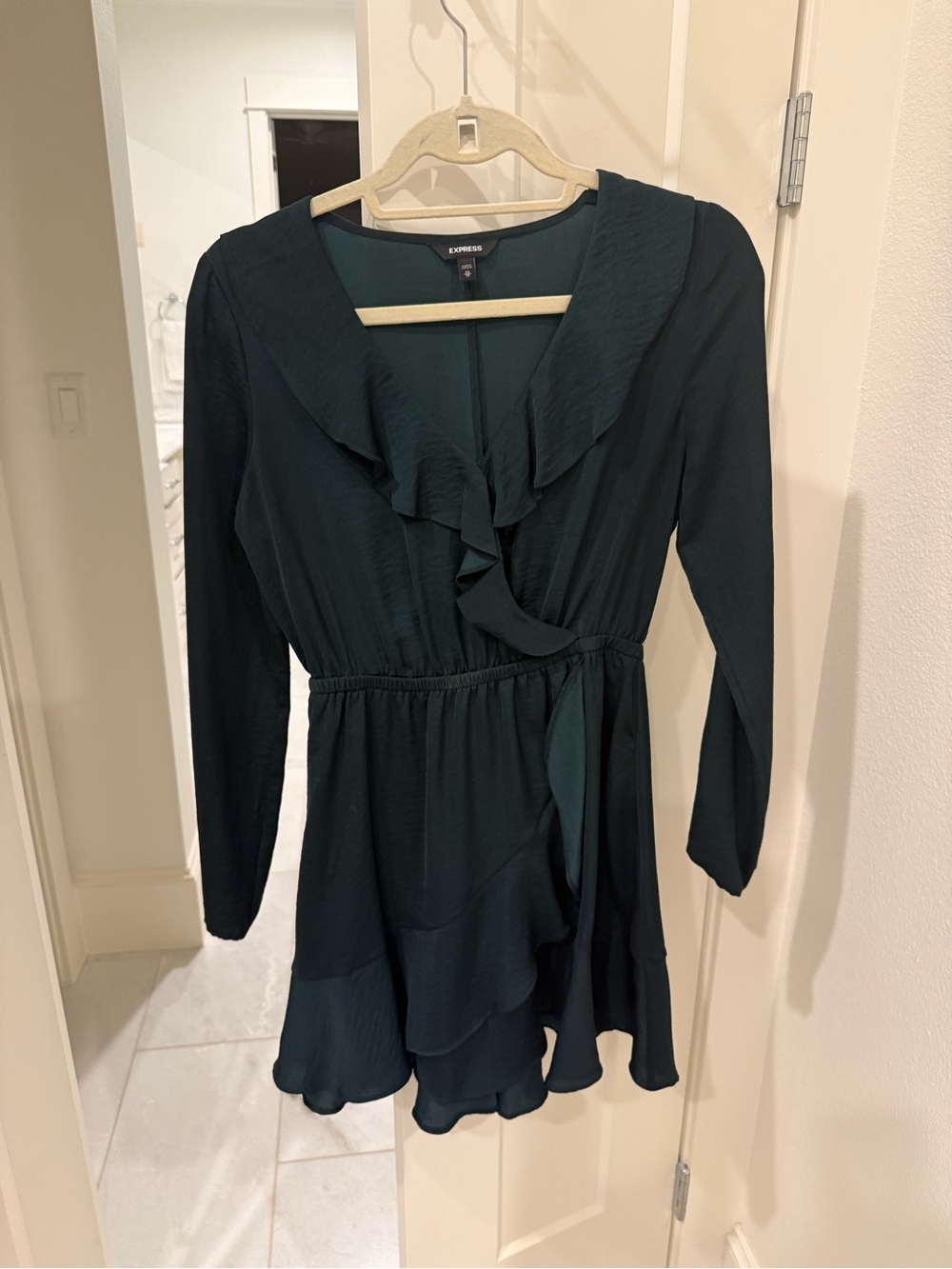 Express Dark Teal Ruffle Wrap Mini Dress